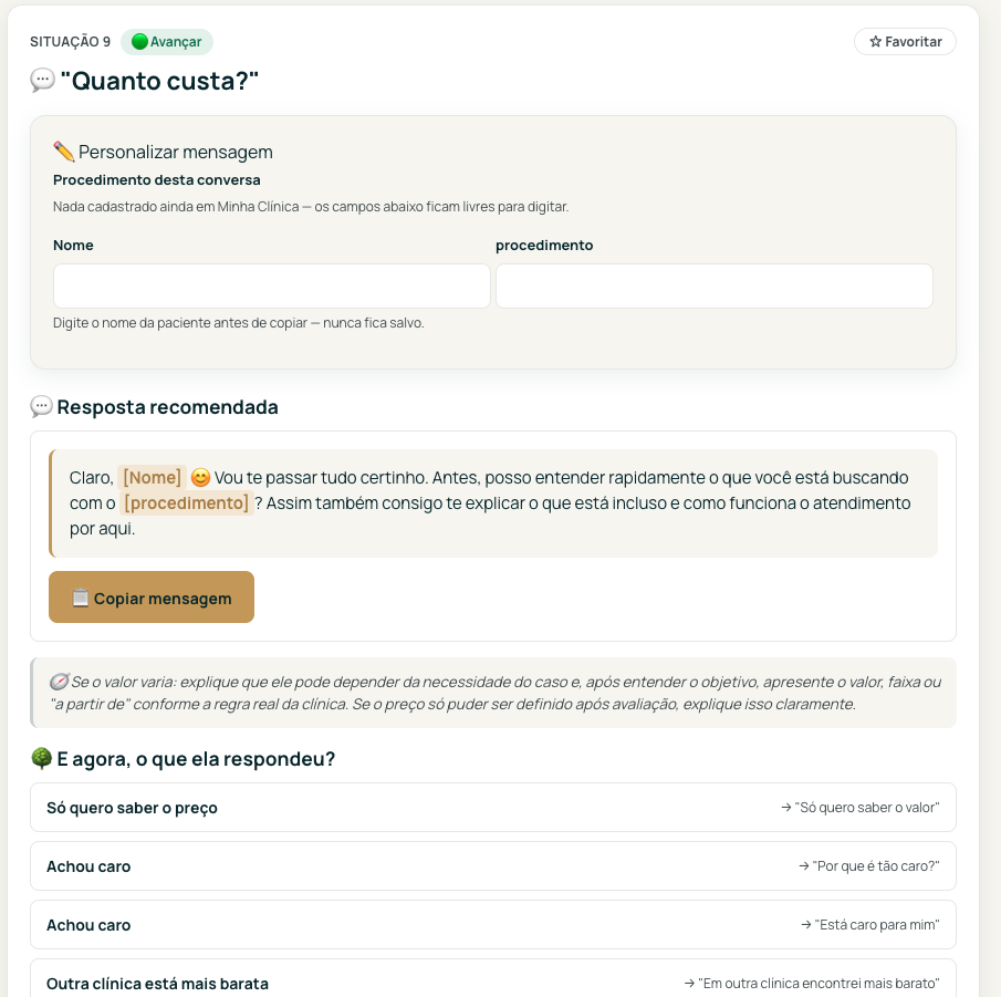Situação 'Quanto custa?' aberta no WhatsApp que Agenda, mostrando a resposta recomendada, o botão Copiar mensagem e a lista 'E agora, o que ela respondeu?' com os próximos passos possíveis